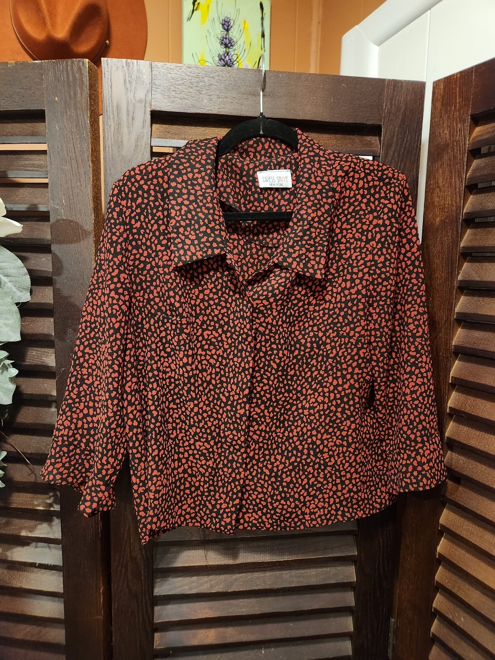 Vintage Black Button-Down Blouse with Red Animal Print